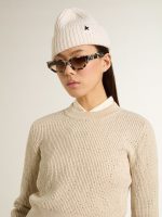 Cropped round-neck sweater in beige wool with all-over crystals - Image 5