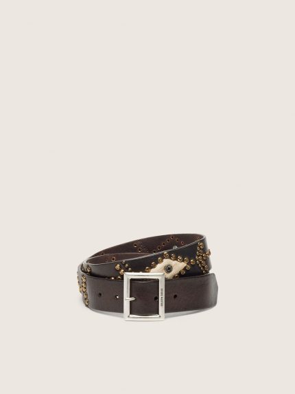 Men's Sierra belt in mahogany washed leather with decorative studs