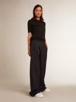 Women's polo shirt in black merino wool - Image 3