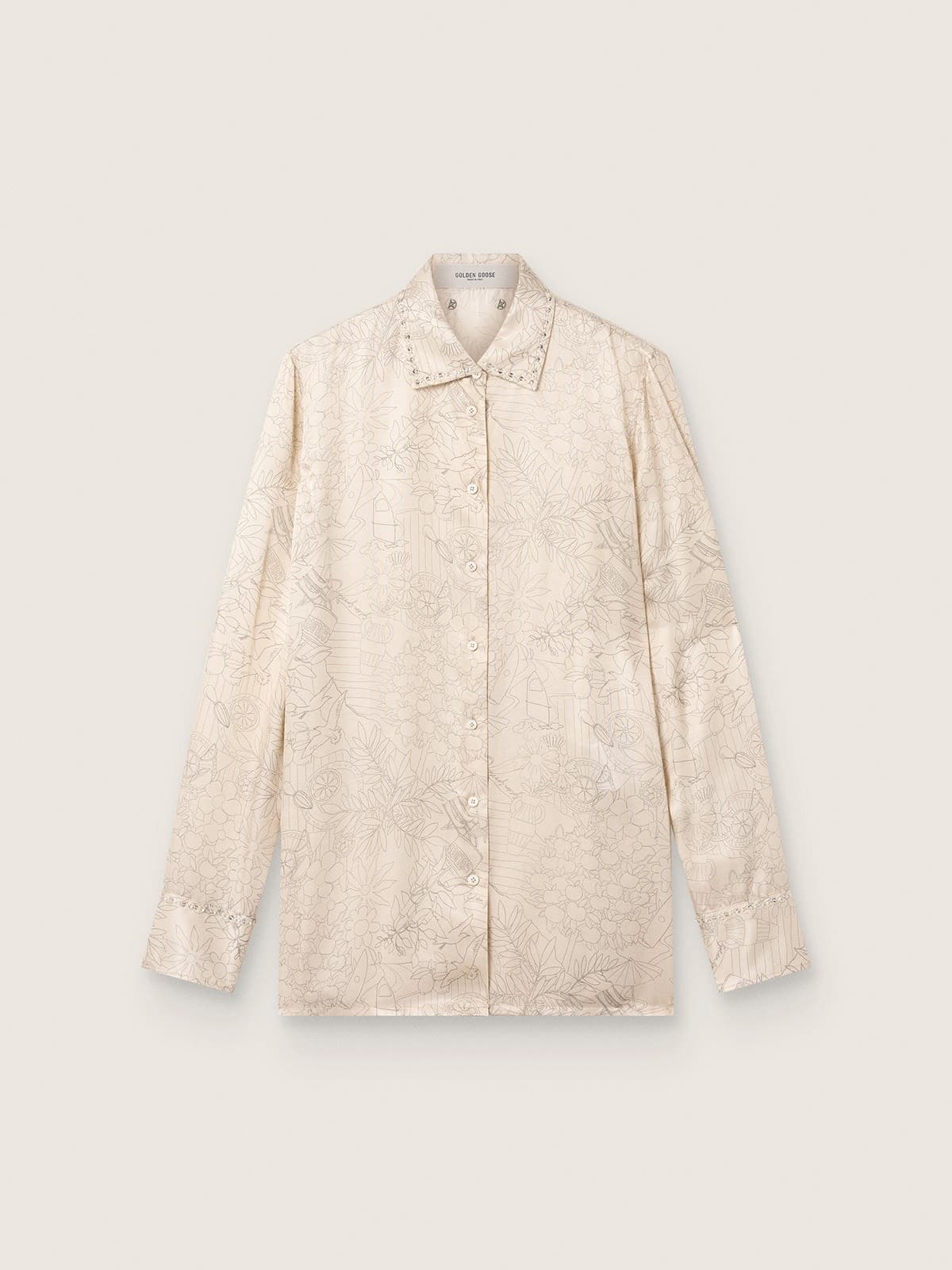 e807adb4fbbe95b92e407eb08911f4f70bf342c51fe69afc15c30f48c48857b6 Women's shirt in ivory silk blend satin with print - Image 1