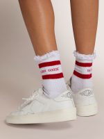 White socks with distressed details and red stripes - Image 3