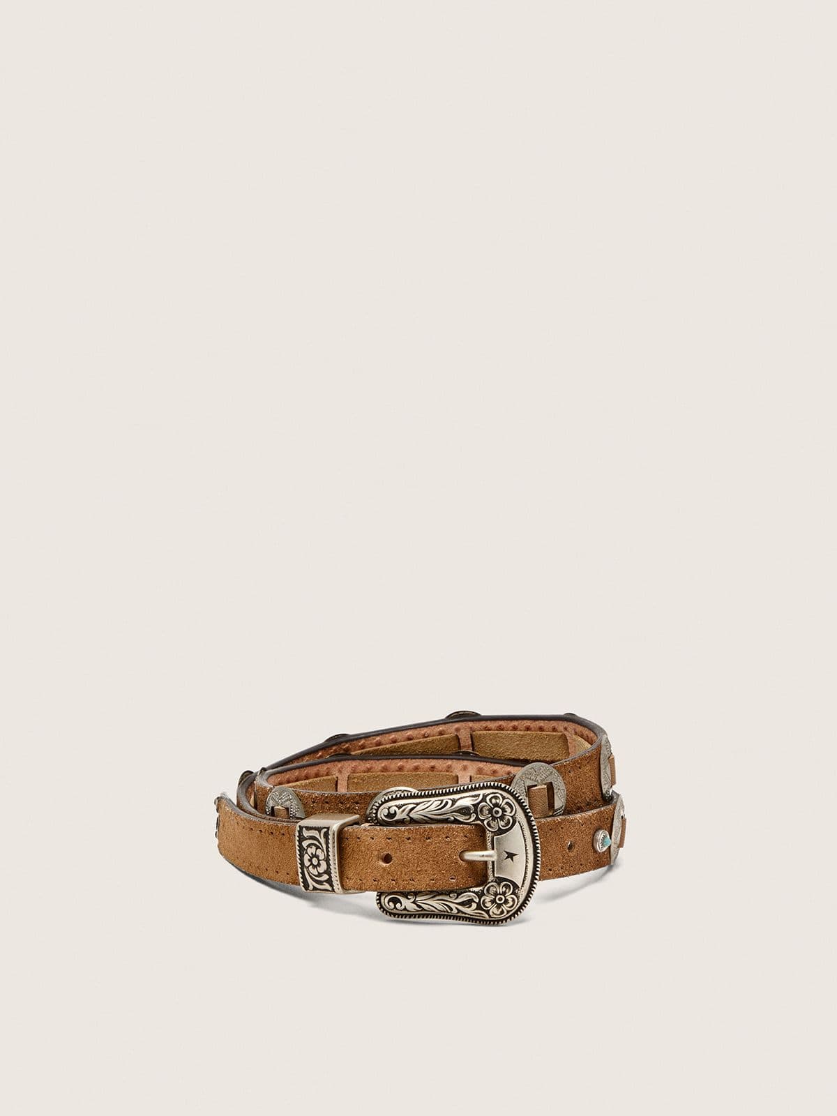 e949002098914b602b3871392356b0820fc79a4bca1f6c36512e58d28453973b Thin Lace belt in hazelnut-colored nabuk with decorative inlays - Image 1