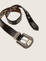 Lace belt in tan-colored washed leather with studs and inlays - Image 3