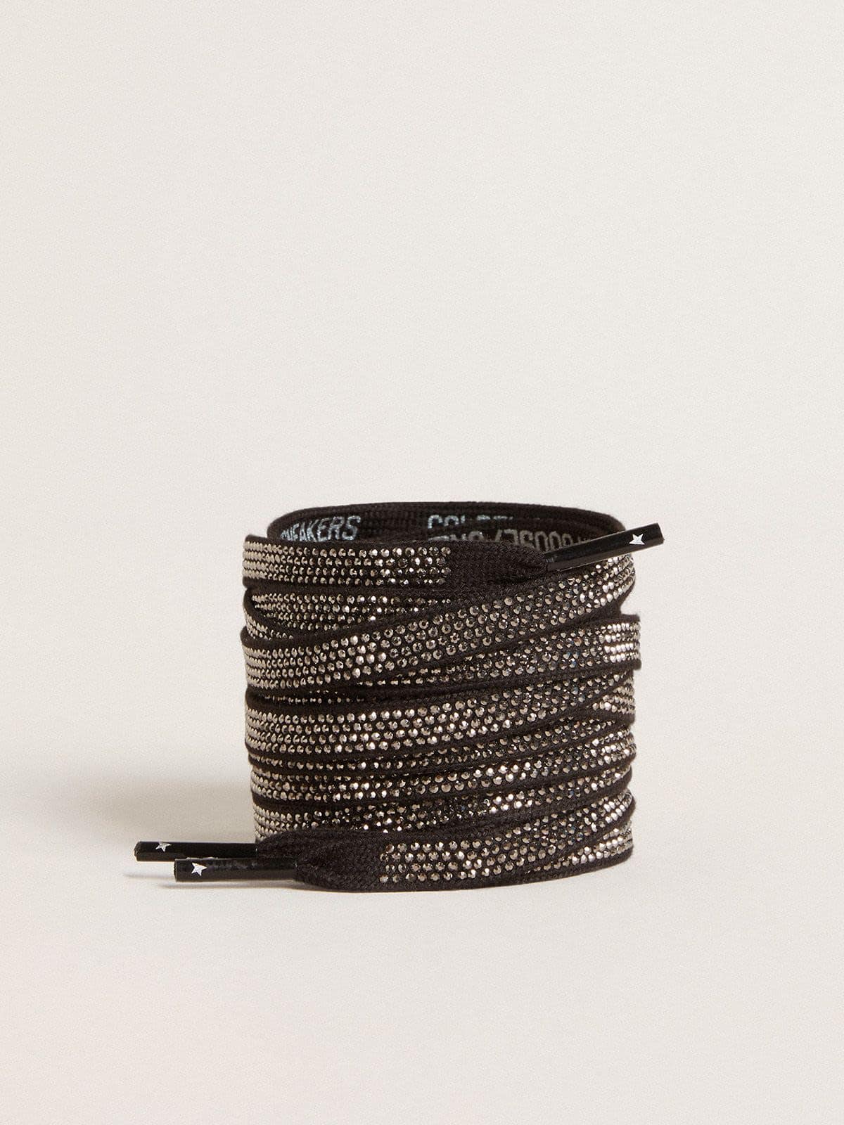 e979aa3c8396624f9c878c4d72b7048eb44f24321fa4b8fd5f5912f50f2f9d5a Black cotton laces with silver Swarovski crystals and white logo - Image 1