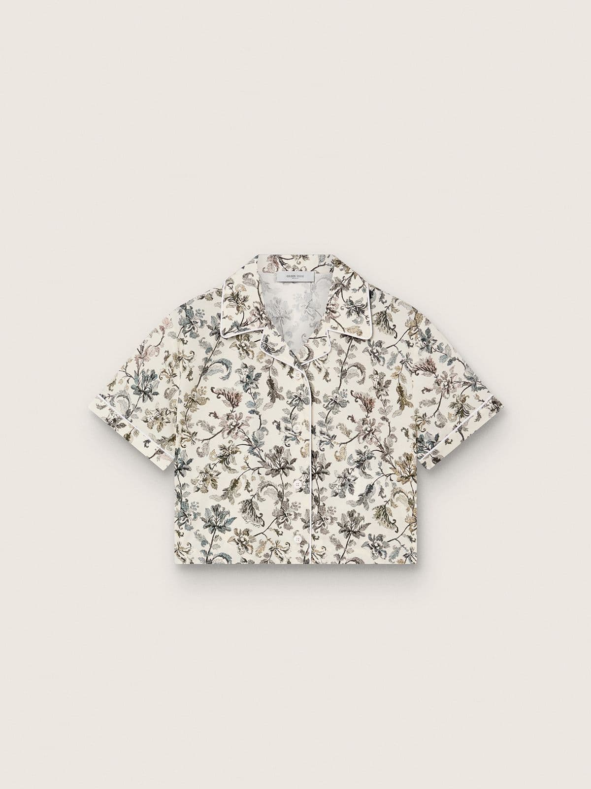 e9d3b4e48c3287e9be91ec57e13aff4b50482206ea92b2e6abc55059ea1be176 Journey girls' short-sleeved shirt in white cotton canvas with a green floral print - Image 1