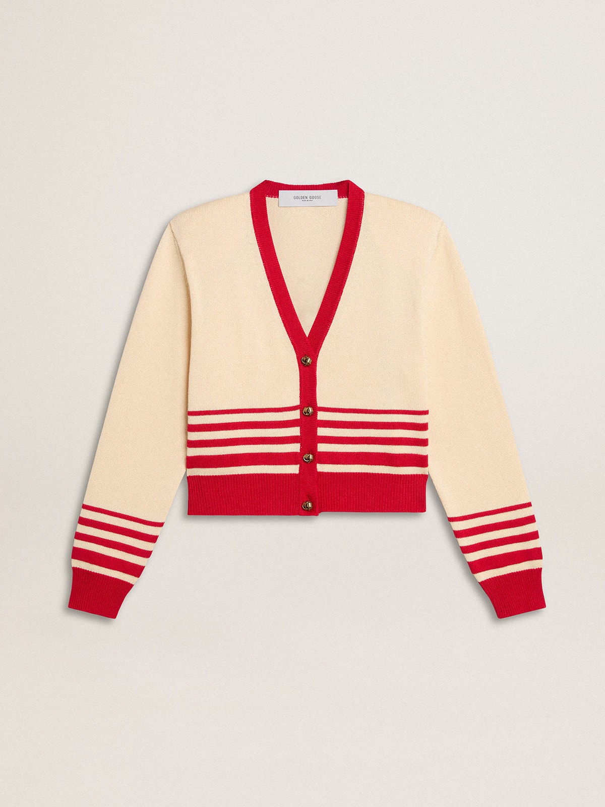eaba5084d2c420dc62c914ff38ace1183b0c8854e9c351f5dd9275411e1fc31f Women's cardigan in cream with red stripes - Image 1