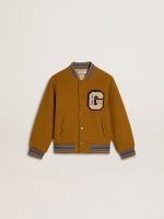 Kids' wool bomber jacket in ochre yellow with patch