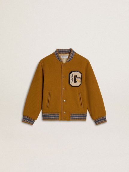 Kids' wool bomber jacket in ochre yellow with patch