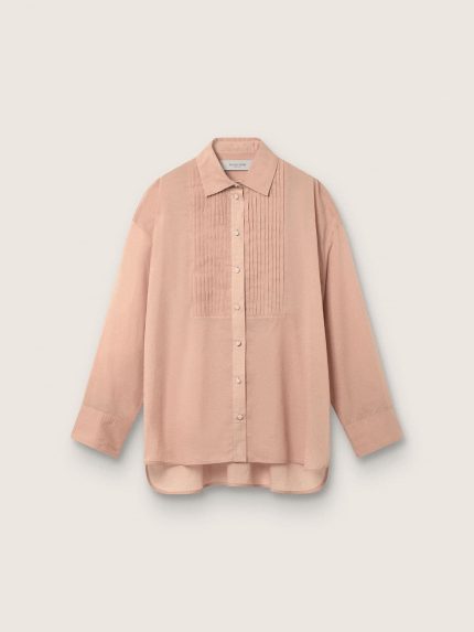 Women's oversized shirt in coral cotton voile with pleated detail