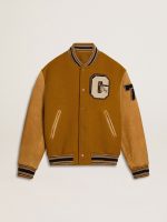 Ochre yellow wool bomber jacket with leather sleeves