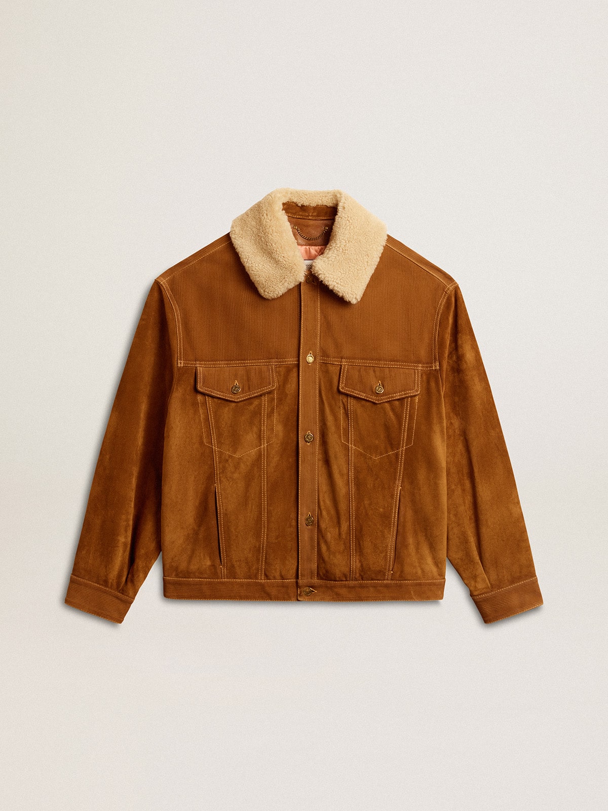 ee035f3d8796b9017cf8f5257b8035e09db948275977301478e803780eba17e4 Men's jacket in tobacco-colored split leather with a shearling collar - Image 1