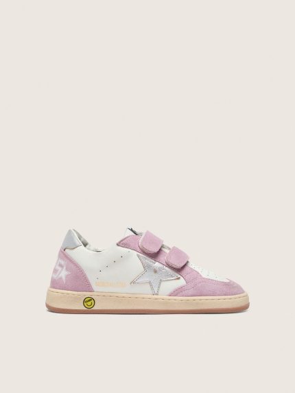 Junior Ball Star in white leather with metallic silver leather star and lilac suede inserts