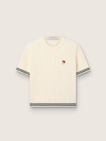 Women's white knit T-shirt with contrasting edges and removable pin