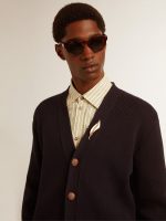 Golden Collection cardigan in dark blue cotton with a distressed finish - Image 5