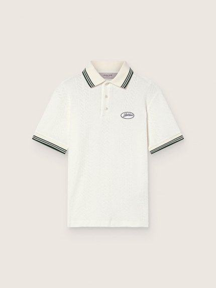 Men's white cotton polo shirt with openwork jacquard pattern