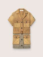Women's safari dress in beige and military-green cotton with maxi pockets