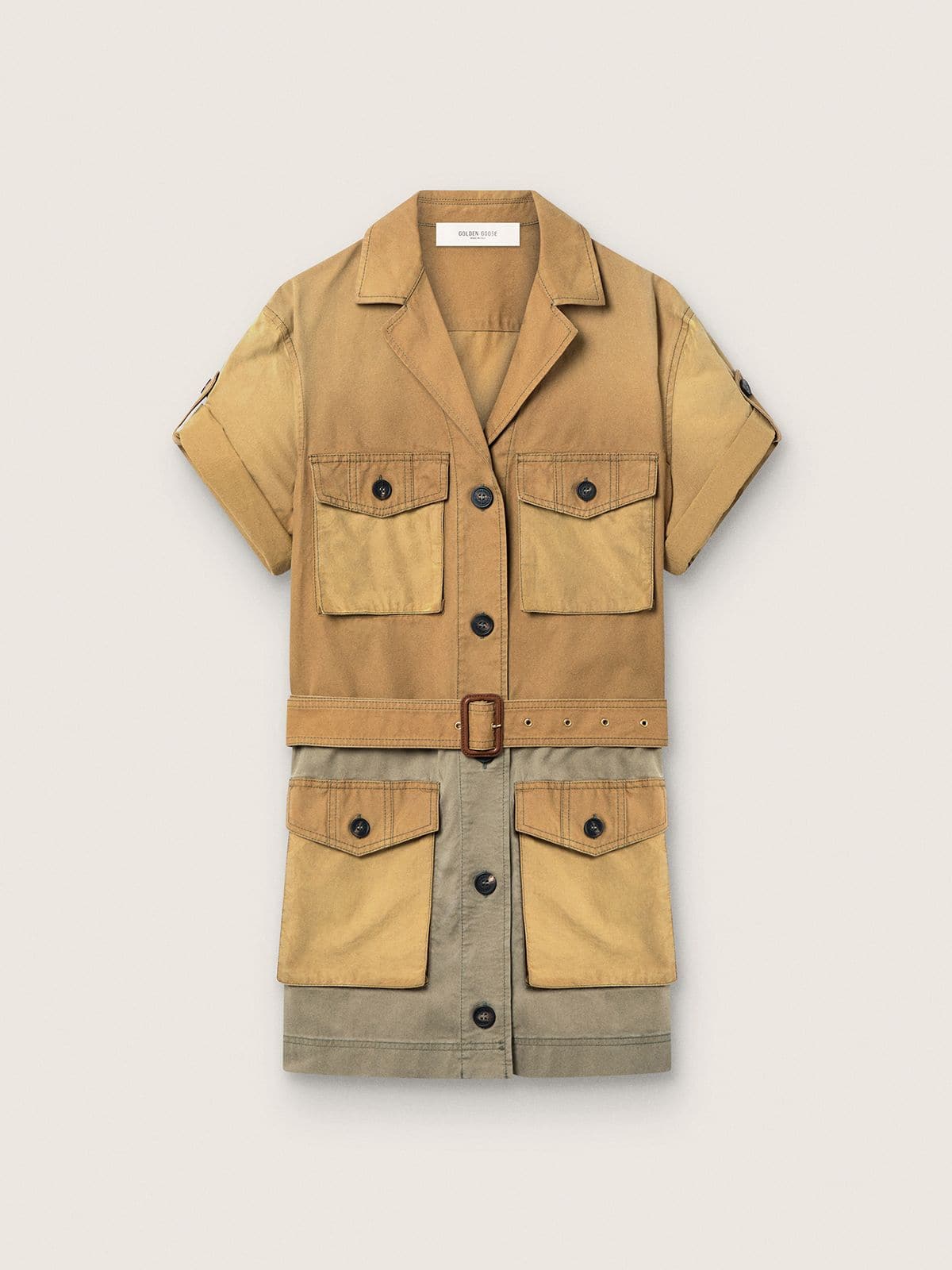 f1a73e407164ce001639f1928ebe691241a3dfbf8cd66ddbda77f324f6d265bb Women's safari dress in beige and military-green cotton with maxi pockets - Image 1