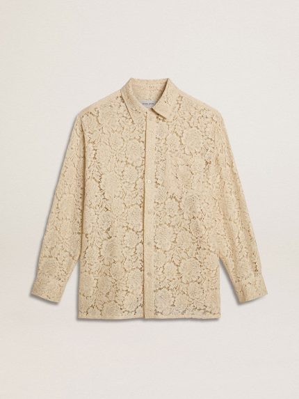 Oversized shirt in cream-colored see-through lace