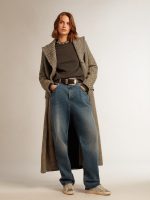 Women's long herringbone coat with yellow details - Image 3