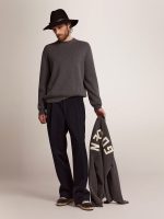 Men's round-neck sweater in dark gray cotton with logo on the back - Image 3