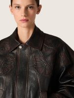 Women's bomber jacket in dark burgundy nappa leather with floral embroidery - Image 4