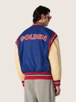 Men's blue varsity bomber jacket with beige leather sleeves - Image 6