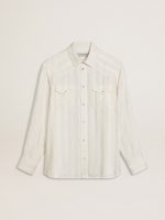 Men's oversized worn-white shirt with vertical stripes