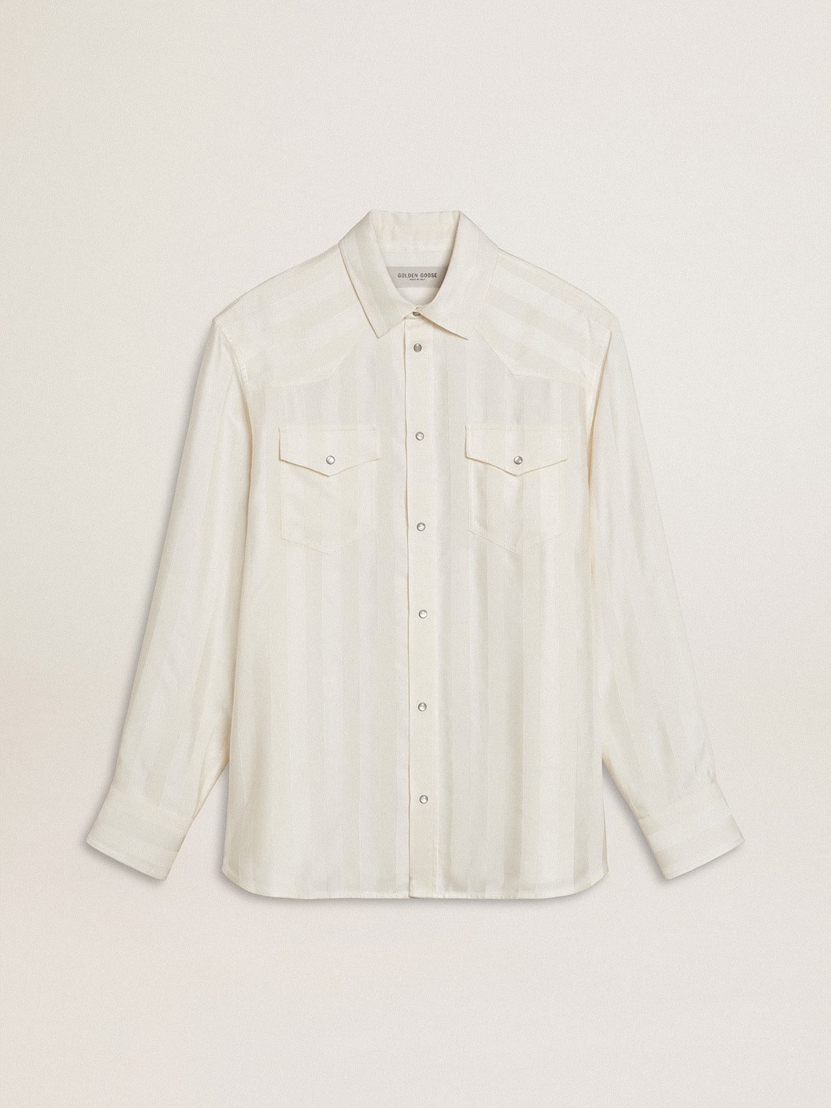 f49554d0b9c24149e0e868a9dc4ddc24466a34bed4421a77e5f0fc03ff96f47e Men's oversized worn-white shirt with vertical stripes - Image 1