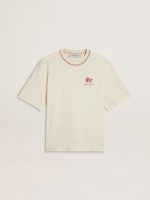 CNY worn-white sleeveless T-shirt with red embroidery