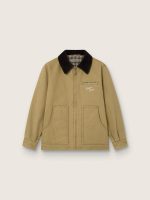 Kids' padded jacket in beige cotton with embroidery and patch
