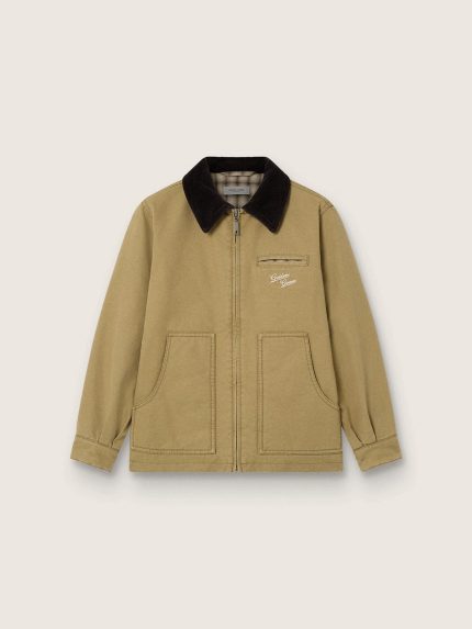 Kids' padded jacket in beige cotton with embroidery and patch