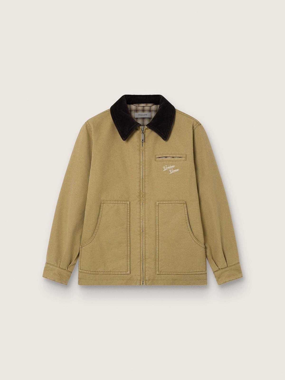 f58addd6a23c92b1184d9915ef4bba13f8bb242d959c8459659cf1c011f8e64d Kids' padded jacket in beige cotton with embroidery and patch - Image 1
