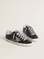 Women's Super-Star in black nappa leather with zebra-print pony skin star and beige leather heel tab - Image 2