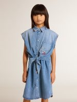 Girls' denim dress with front knot and embroidery - Image 2