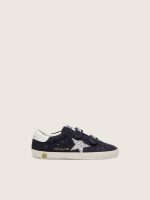 Junior Old School in blue suede with silver glitter star and white leather heel tab