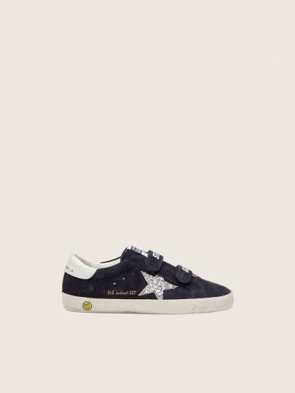Junior Old School in blue suede with silver glitter star and white leather heel tab