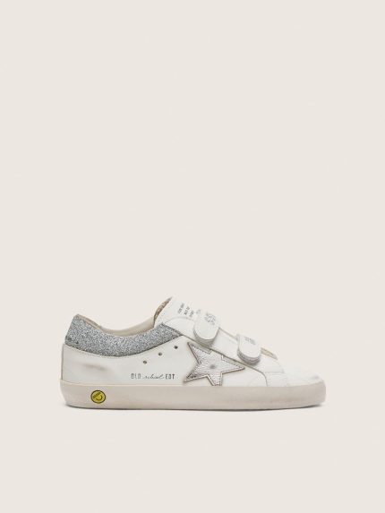 Junior Old School in white leather with metallic silver leather star and silver crystal inserts
