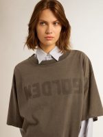 Women's gray T-shirt dress with distressed treatment - Image 2
