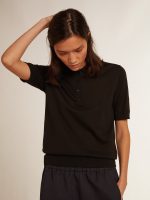 Women's polo shirt in black merino wool - Image 5