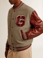Bomber jacket in gray melange wool with leather sleeves - Image 6
