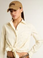 Women's cream-colored cotton shirt with floral embroidery - Image 5