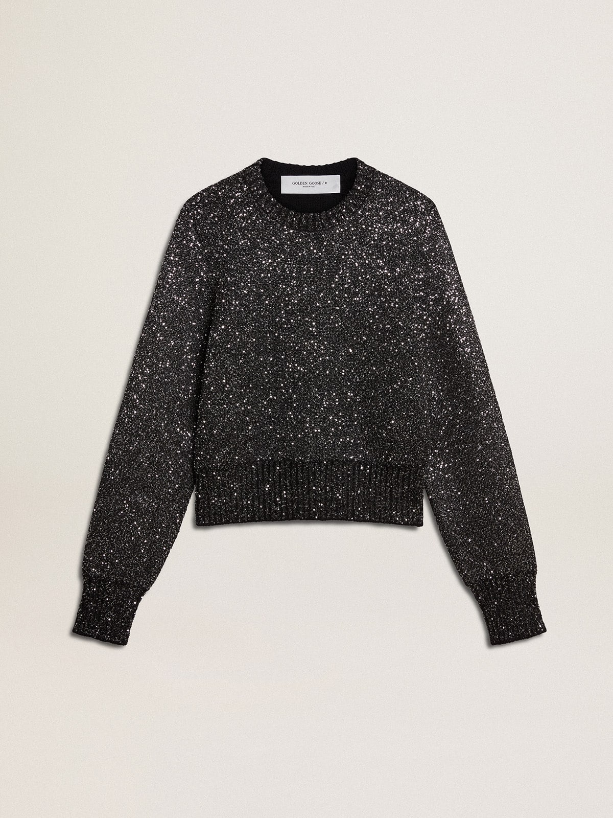 fa5825bfe6c8e83a9069dd033e28c897843bbe304b336acf33909a8aad2412f7 Women's black wool blend cropped sweater with all-over sequins - Image 1