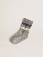 Kids' gray socks with distressed details and worn-white and blue stripes