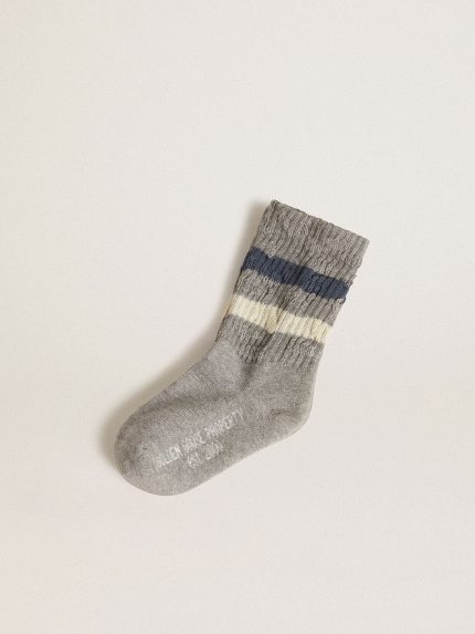 Kids' gray socks with distressed details and worn-white and blue stripes