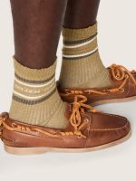 Khaki-colored socks with distressed details and dark green and white stripes - Image 2