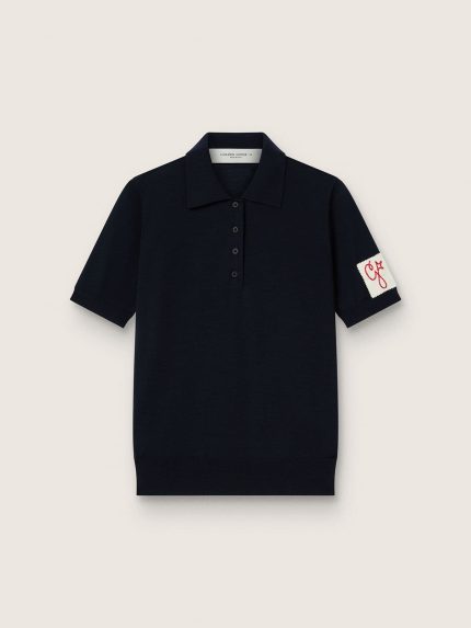 Women's polo shirt in navy-blue merino wool