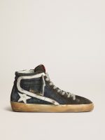 Slide in midnight-blue denim with white leather star