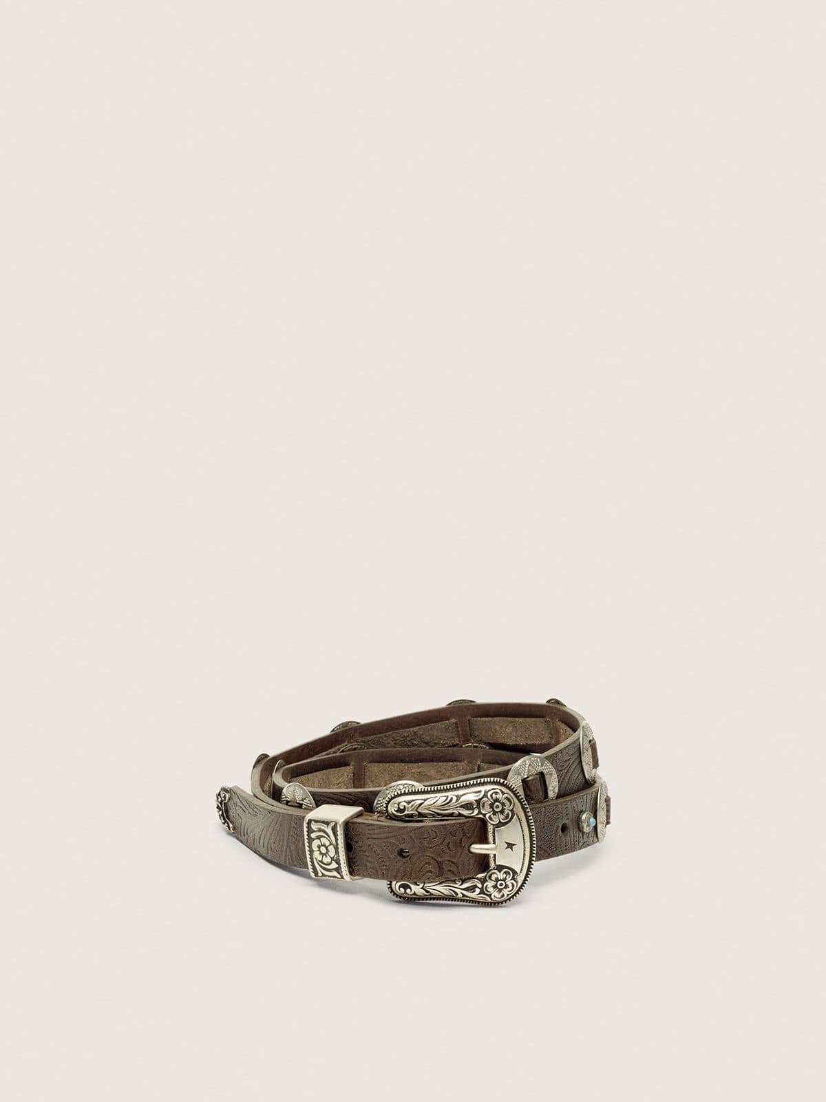 fcc2ad013584fa3527ca8fcd45bfec95cbde1c20d493f6b8c94251182046598b Lace belt in washed brown leather with raised floral pattern and metal inlays - Image 1