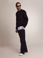 Men's round-neck sweater in dark blue cotton - Image 3