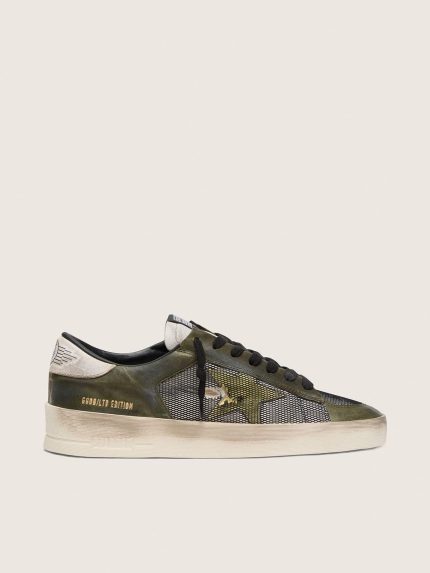Men's Stardan LTD in white and olive-green leather with black mesh and yellow leather star